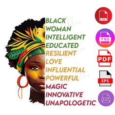 the image is a digital art piece of a black woman wearing a colorful head wrap.  the woman has dark skin and a serious expression.  next to the woman is a list of positive adjectives used to describe black women: intelligent, educated, resilient, love, influential, powerful, magic, innovative, and unapologetic.