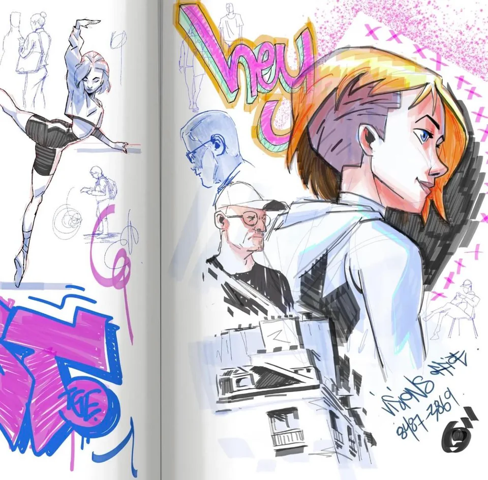 a sketchbook page with various sketches, including a ballerina, portraits, architectural elements, and a stylized female character with short blonde hair and a hoodie. the page also features vibrant pink graffitistyle lettering.