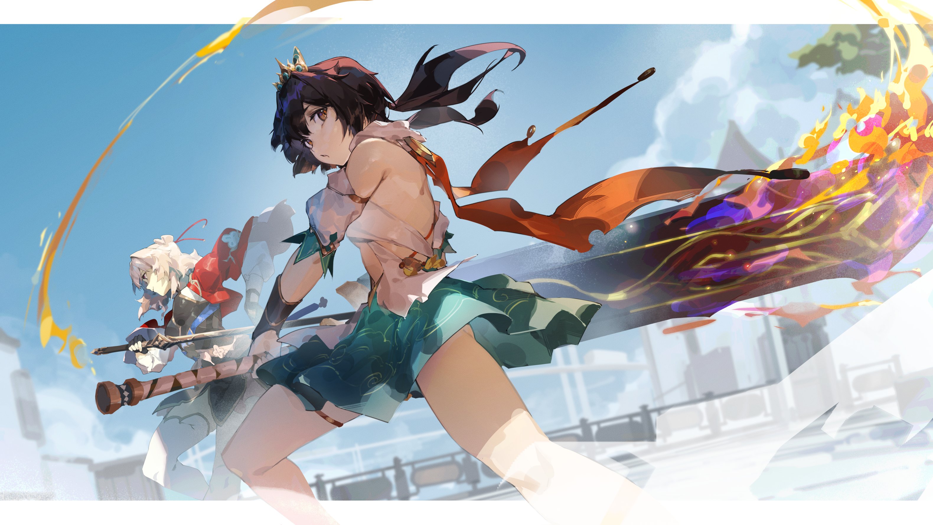 he image is a vibrant digital painting of an animestyle female character in action. she has short brown hair, is wearing a teal and white outfit, and is wielding a large sword that is engulfed in fiery, magical energy. another female character can be partially seen in the background also in motion, and appears to be wielding a smaller sword. the background is a bright cityscape under a clear, mostly blue sky. the overall style is dynamic and energetic, showcasing the character's power and skill. the artwork seems to be inspired by video games like genshin impact, featuring a stylized animestyle character design and dynamic motion blur effects.