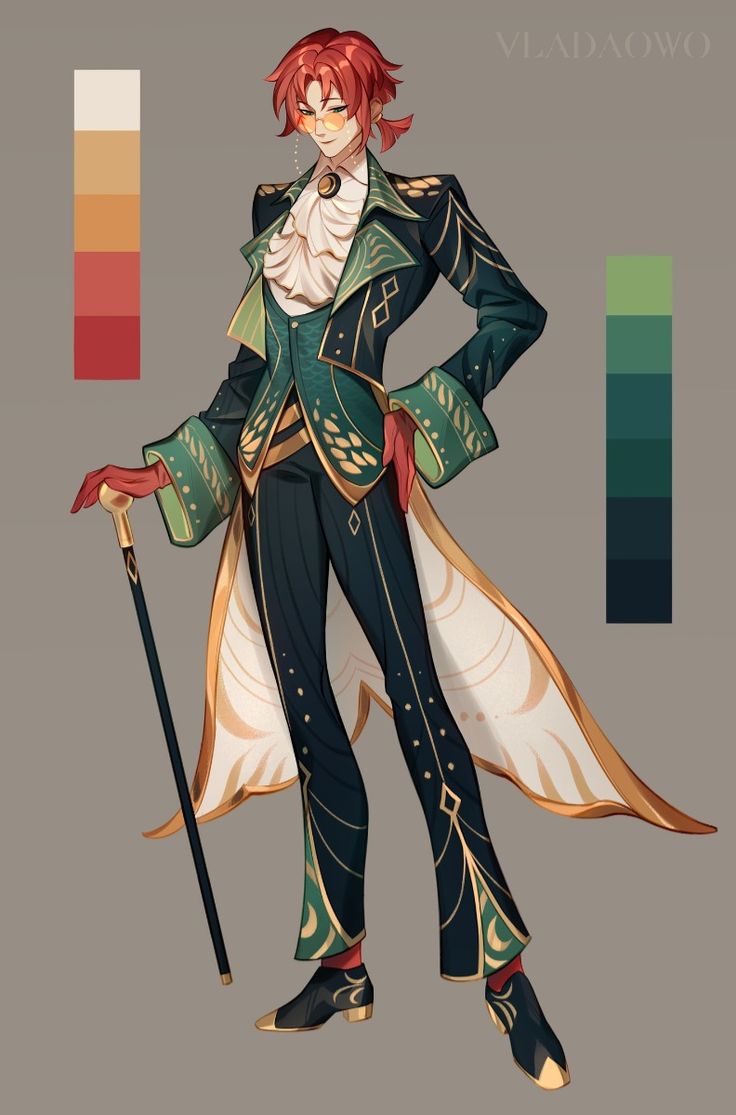 he image showcases a fullbody illustration of a male animestyle character, elegantly dressed in a formal outfit. his attire consists of a long green coat adorned with gold detailing, black pants with green accents, and dark shoes.  he's accessorized with a cane, round glasses, and red gloves. his hair is a vibrant reddishorange. the art style is clean and detailed, with a focus on fashion and character design. two color palettes are included to the left and right of the figure, showcasing the colours used in the outfit.  the overall aesthetic is sophisticated and slightly regal. the artist's signature or watermark is visible at the top.