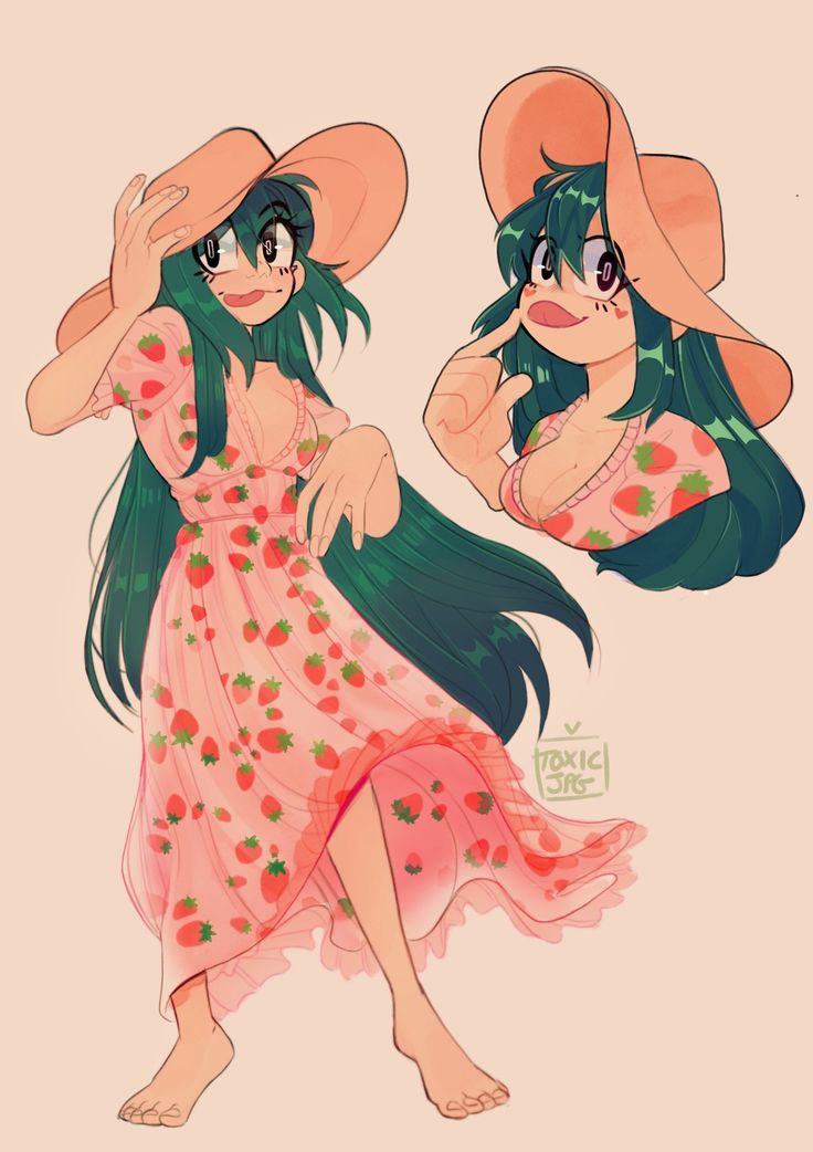 a cute anime girl with green hair is wearing a pink dress with strawberries and a large pink sun hat.  she is standing in a summery scene with her hair flowing behind her.
