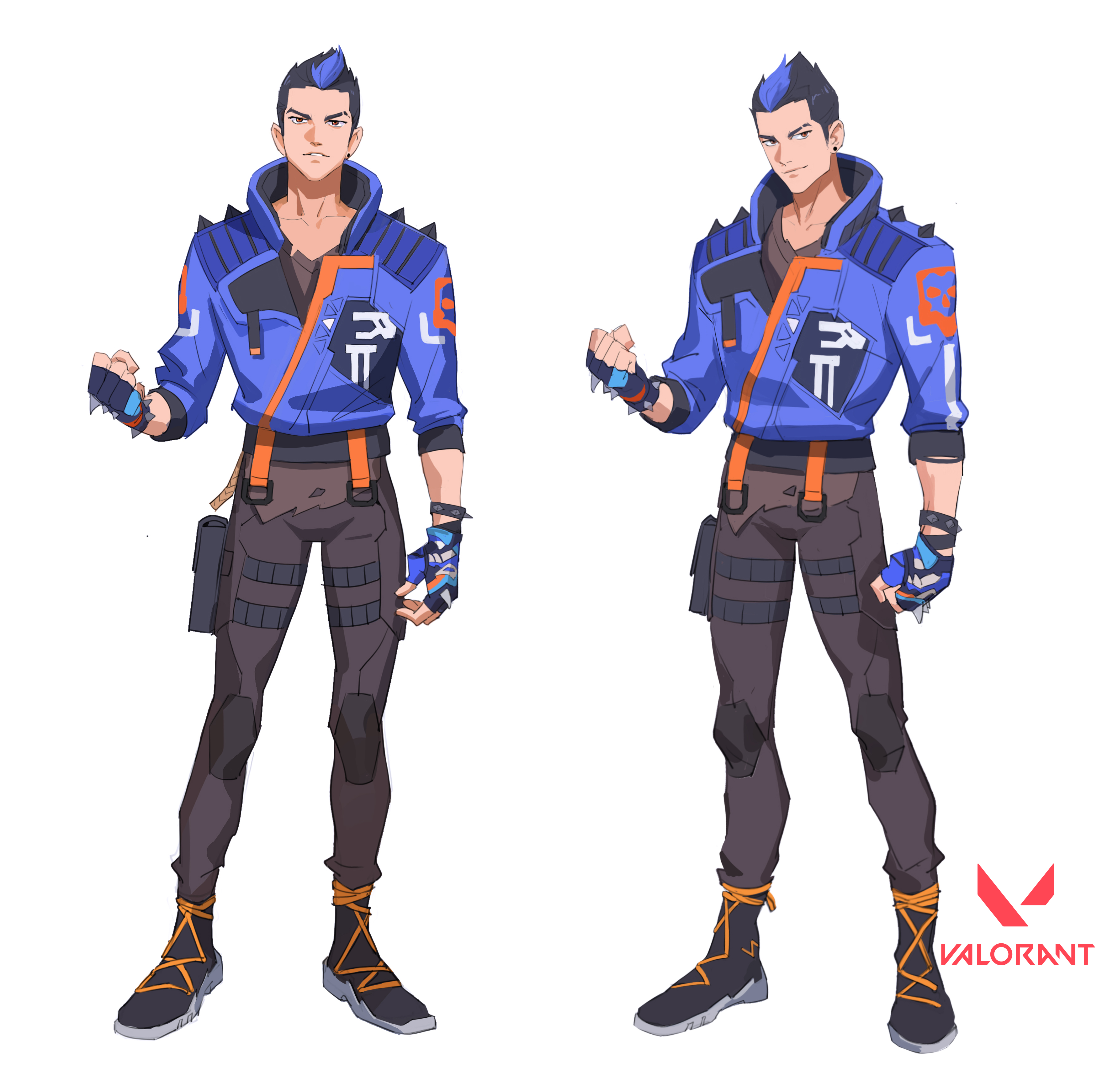 the image shows two concept art illustrations of a male character from the video game valorant.  the character is depicted in a slightly different pose on each side, offering a sidebyside comparison of the design. he's dressed in a blue jacket with orange accents, tactical pants, spiked gloves, and combat boots. the art style is reminiscent of anime, featuring sharp lines and expressive character design.  the valorant logo is included in the bottom right corner. the character's overall look suggests a combination of casual and combatready attire.
