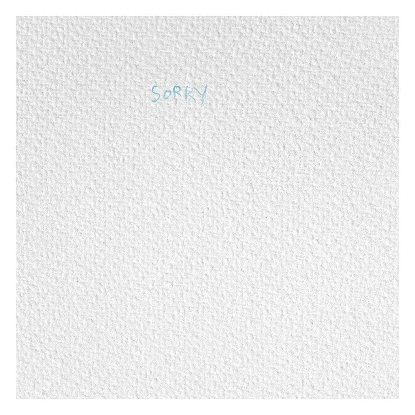 the image shows a plain white textured background with the word "sorry" handwritten in small blue letters at the top.