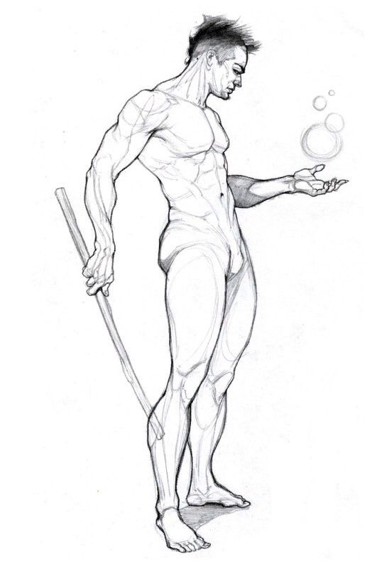 a detailed pencil sketch of a muscular male figure standing in a relaxed pose. he holds a long staff in one hand and appears to be manipulating or observing small bubbles floating in the air with the other. the drawing demonstrates excellent understanding of human anatomy, with accurate depiction of muscles and proportions. the style is realistic with subtle shading and line work creating depth and form.  the overall tone is somewhat mystical due to the bubbles.