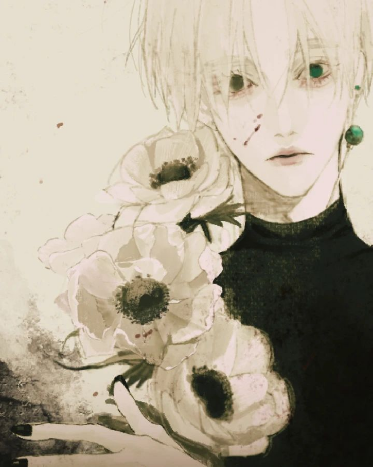 a digital art illustration of an anime male character with white hair and green eyes. he is wearing a black shirt and has a green earring. the character is holding a bouquet of white flowers and has blood on his face.