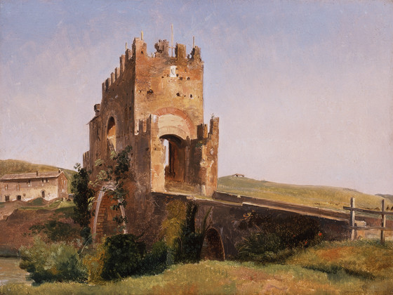 the painting depicts an old brick tower connected to a bridge, amidst a rural landscape with fields, vegetation, and a building in the distance under a blue sky.