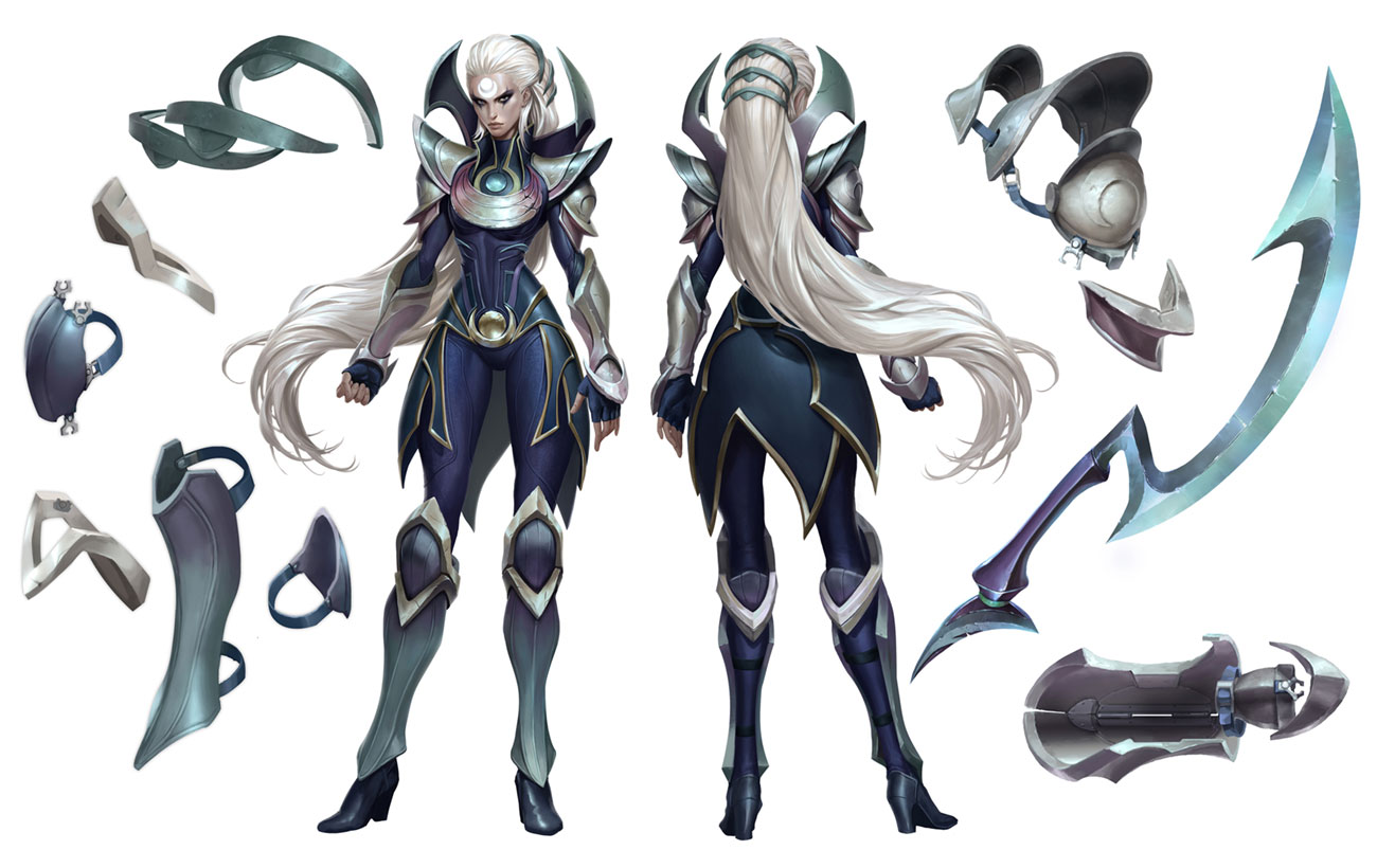 this digital illustration showcases a character design for diana, a warrior from the video game league of legends. the character is depicted in fulllength, with both front and back views, showcasing her detailed blue and silver armor,  a crescent moon motif, and her signature crescentshaped blade. she has a long, flowing white hair, with a determined expression on her face. the image highlights her warrior spirit and the intricacy of her design. the image also includes various disassembled pieces of her armor, showcasing her complete look.