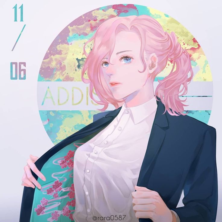 the image is a digital painting or illustration of a young animestyle woman. she has long, light pink hair styled in a ponytail and is wearing a dark blue suit jacket over a white blouse.  the inner lining of her jacket is visible, revealing a teal fabric with a delicate pink floral pattern reminiscent of cherry blossoms. the background features a circular pastel design with a muted teal and yellow color scheme, and the numbers "11/06" and the word "addis" are faintly visible, likely representing a date and location or a name. the overall style is soft, elegant, and slightly dreamy, with a focus on pastel colors and delicate details.  the artist's signature, @rara0587, is present in the bottom right corner.