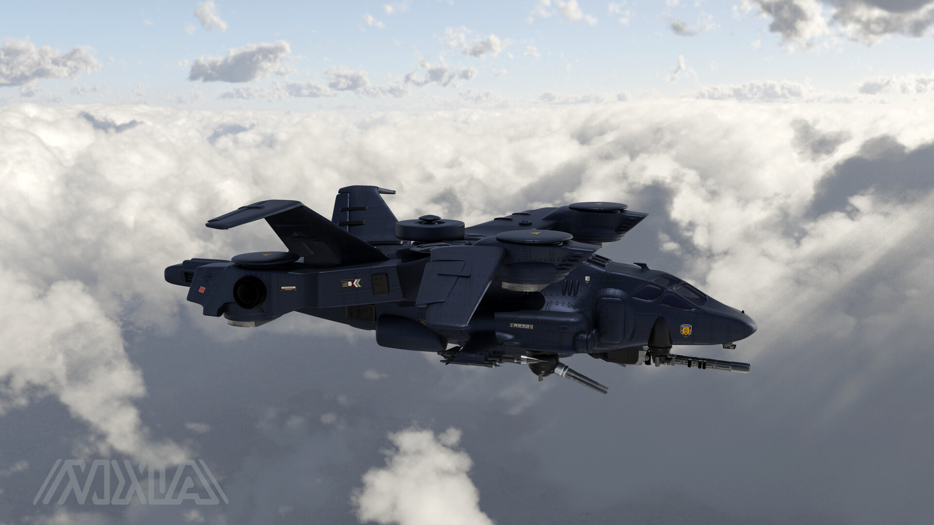 a futuristic black spaceship flies through the sky, with clouds surrounding it, with weapons on it's sides.  the spaceship is in front of a blue sky.