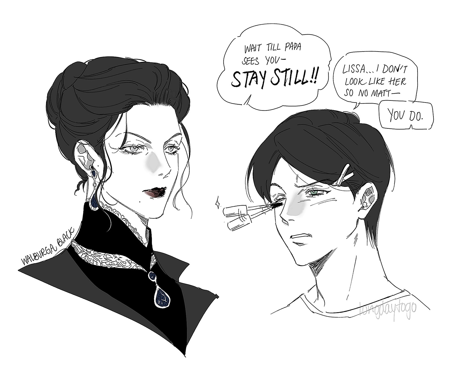 he image is a black and white fanart depicting two characters, a woman and a man. the woman, elegantly dressed in a dark dress, appears to be applying makeup to the man's eyelashes.  the style is reminiscent of anime or manga, with expressive linework and shading. speech bubbles contain dialogue hinting at a familial relationship and the man's resemblance to the woman's family.  the overall tone is lighthearted but slightly dramatic. the artist's signature is visible in the bottom left and right corners.