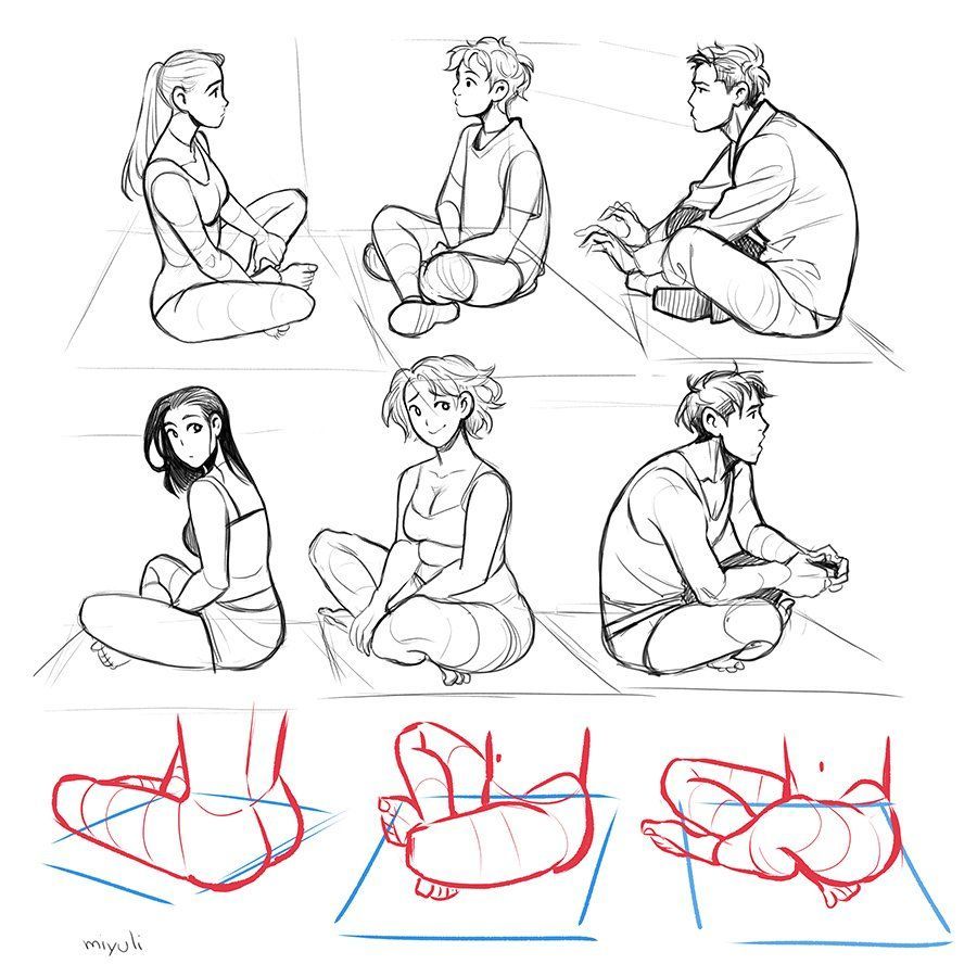 the image is a drawing tutorial on how to draw people sitting in different positions. it shows various sitting poses from different angles, both male and female. it highlights the anatomy and proportions of the human body, particularly focusing on leg positioning when sitting. the tutorial also provides basic perspective lines to aid in understanding the foreshortening of the limbs.
