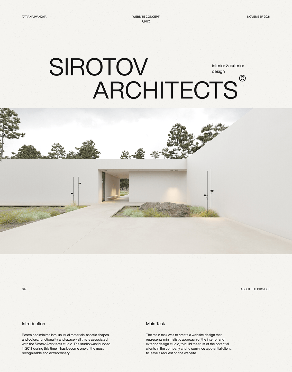 the image is a website design concept for sirotov architects. the concept utilizes minimalist design principles to showcase the architecture studio's portfolio. the design features a white building with a modern aesthetic, surrounded by a landscape with greenery. the image is set against a white background with the studio's name, logo, and tagline prominently displayed.