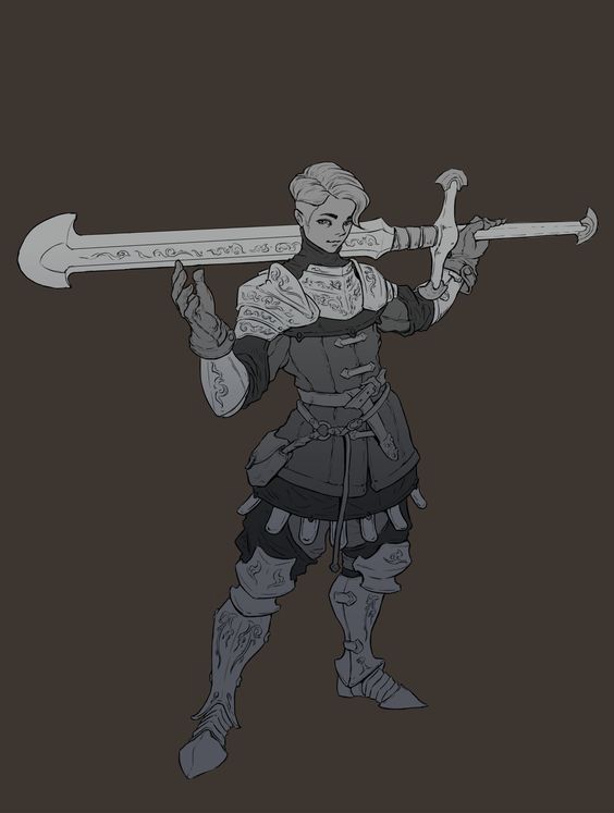 this is a digital illustration of a knight character, done in a cartoon style, with a large sword across their back. the knight is wearing armor and has a stern look on their face. the background is simple and brown. this could be from a fantasy game, rpg, or comic book.