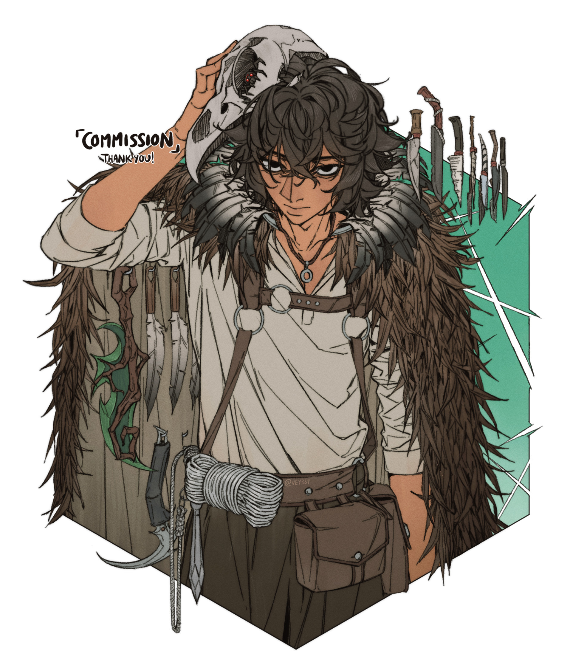 the image is a digital painting depicting a young man, seemingly a fantasy character, in detailed clothing. he has long, dark hair and is wearing a tan shirt, brown pants, and a cloak made of feathers and possibly fur.  he holds a bird skull to his head.  various knives and other tools are strapped to his person. the overall style is stylized and detailed, with earthy tones dominating the color palette. the background is a stylized teal geometric shape. the phrase "commission, thank you!" is visible in the upper left corner, indicating this piece was created as a commissioned artwork.