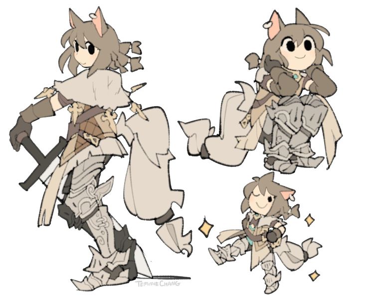 this is a handdrawn illustration of an anime character, a cute cateared girl warrior. she is wearing armor and holding a sword. she is in three different poses, each showing her from a different angle. the character is drawn in a cartoon style and is very cute. the illustration is done in black and white with some light shading.