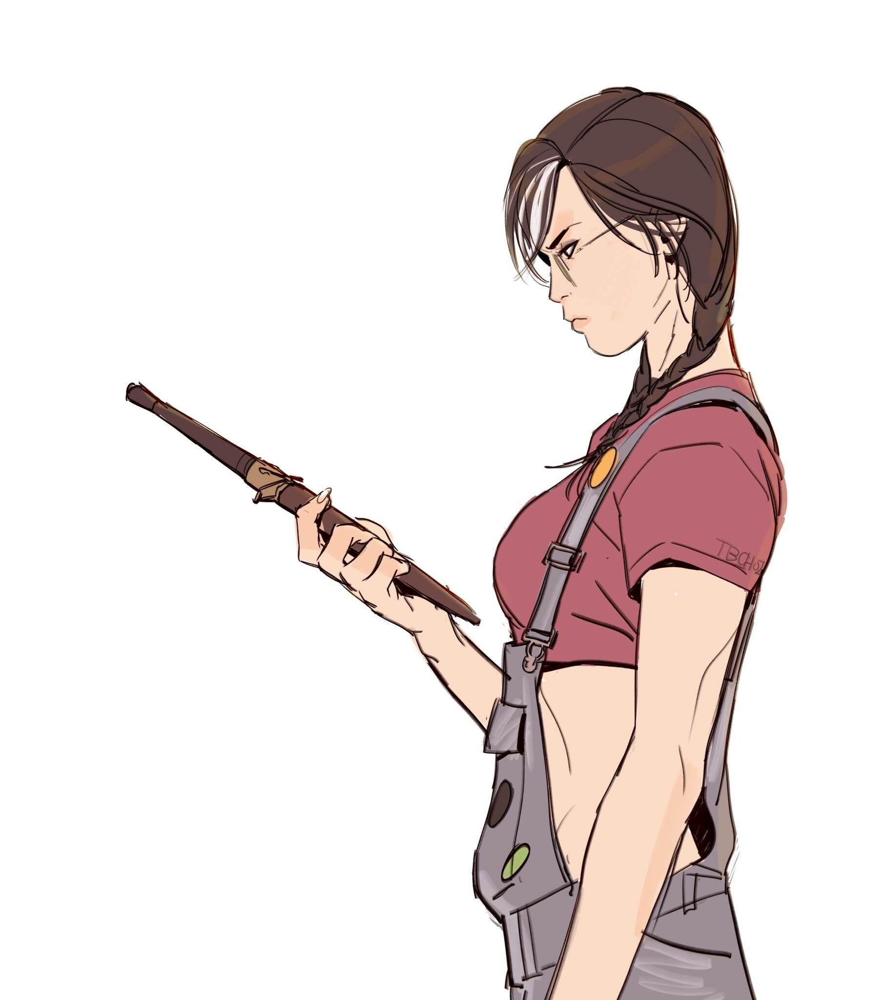 the image is a digital drawing of a female anime character.  she's depicted in profile view, appearing serious and strong. she has dark hair styled in a braid, glasses, a red crop top, and grey overalls.  she's holding a long, darkcolored wand or staff in her hands. the art style is loose and sketchy, characteristic of concept art or a quick illustration. the background is plain white, focusing all attention on the character.