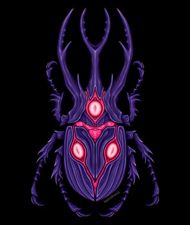 a digital illustration of a stylized purple beetle with pink glowing eyes and a dark background.