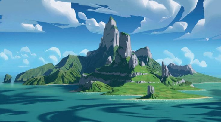 a vibrant landscape of a tropical island under a partly cloudy sky. the island features lush green mountains with rocky peaks, surrounded by turquoise water. the scene is scenic and appears to be an artistic rendering.