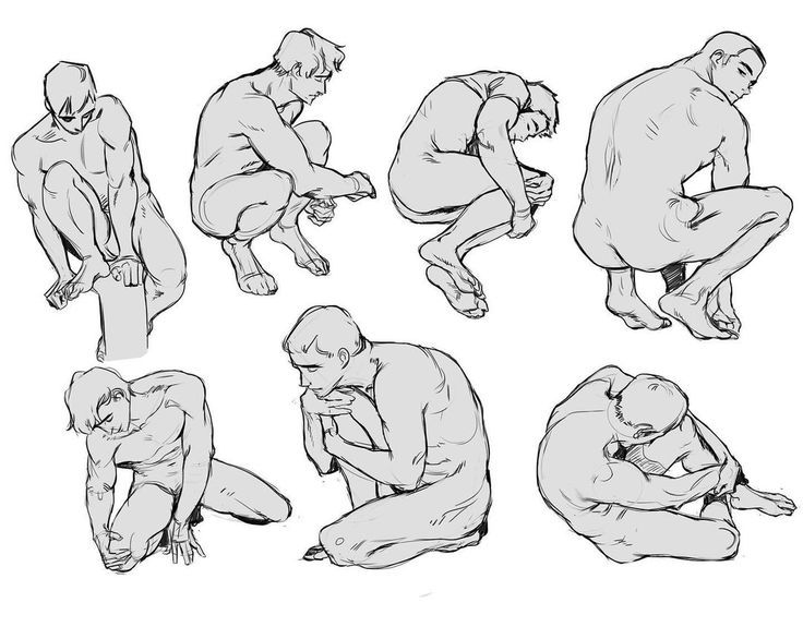 this image showcases seven sketches of male figures in various poses. each figure is drawn in a simple, gestural style using lines to capture the form and movement of the body. the sketches demonstrate a good understanding of human anatomy and how the body moves.