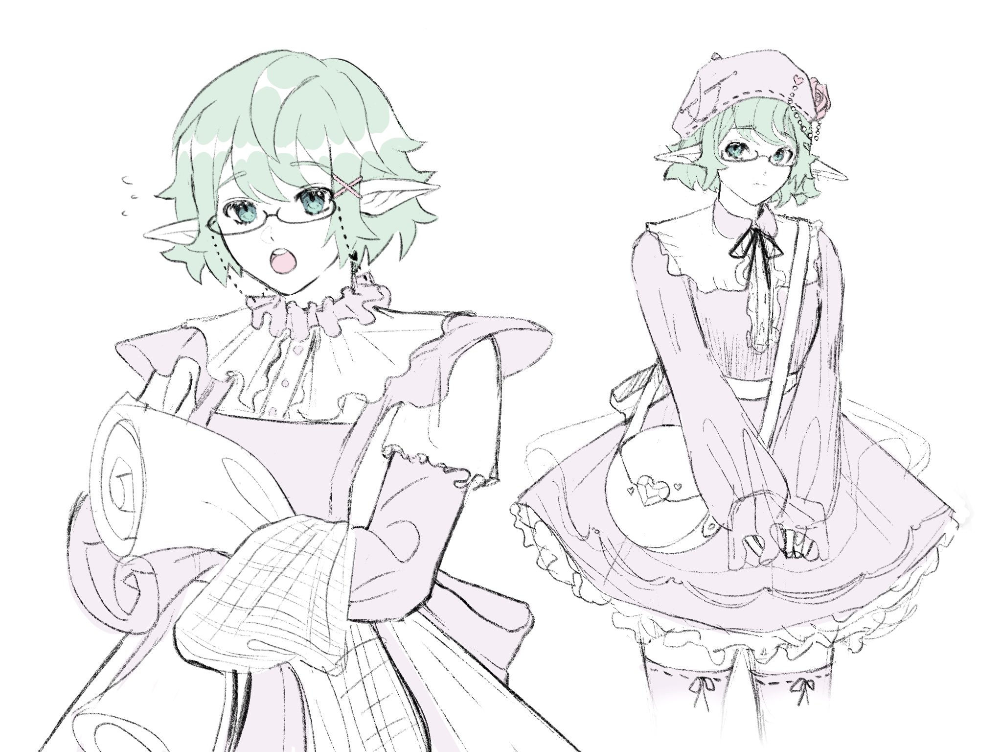 this is a drawing of two anime girls with elf ears. both of the girls are wearing a pink dress and have green hair. the girl on the left is holding a rolled up piece of paper and has her head turned toward the left. the girl on the right is looking forward and has her hands near her waist. both girls are wearing glasses. the drawing is in black and white with light pink and green shading.