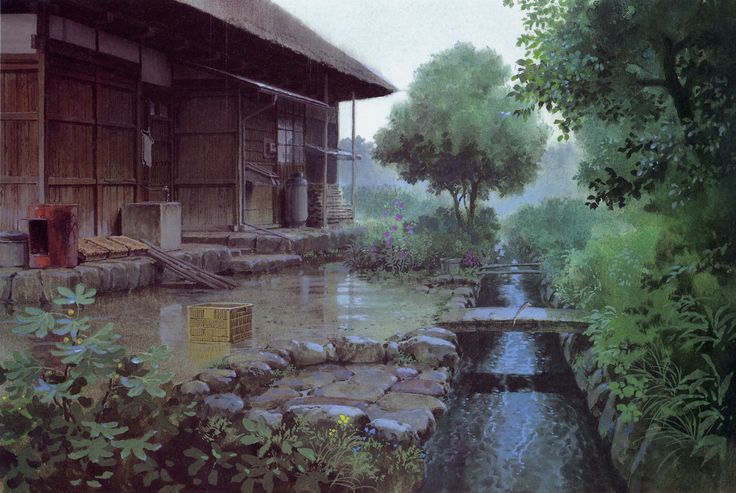 the image is a watercolor painting of a rural landscape featuring a traditional japanese house beside a stream. the house is on the left, constructed with wood and a thatched roof. next to the house, there are various objects, including a red container and a stone platform. in front of the house, there is a body of water with a small crate floating in it. the stream flows from left to right with stone borders, and a small stone bridge spans the stream. lush greenery, including trees and various plants, surrounds the stream, creating a serene natural setting.