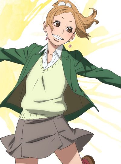 a young anime girl with blond hair, wearing a green jacket and brown skirt smiles cheerfully. she's dressed in a school uniform and appears happy and carefree.