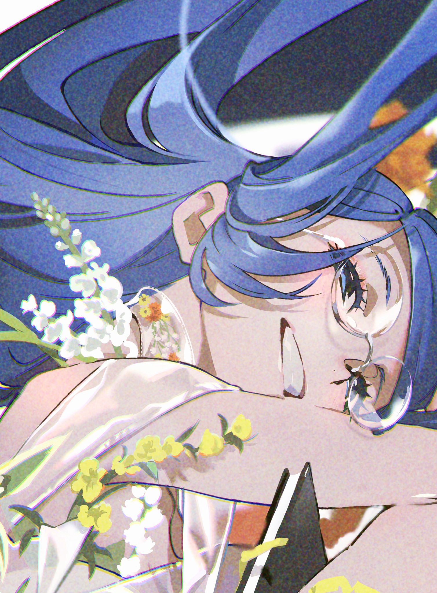 a digital illustration of a young woman with vibrant blue hair, cascading around her head. she's wearing round glasses and smiling brightly, her eyes partially closed. she's adorned with small yellow and white flowers that are scattered around her and appear on her necklace. the art style is characteristic of anime and features soft lighting and a closeup perspective, highlighting the details of her face and expression.