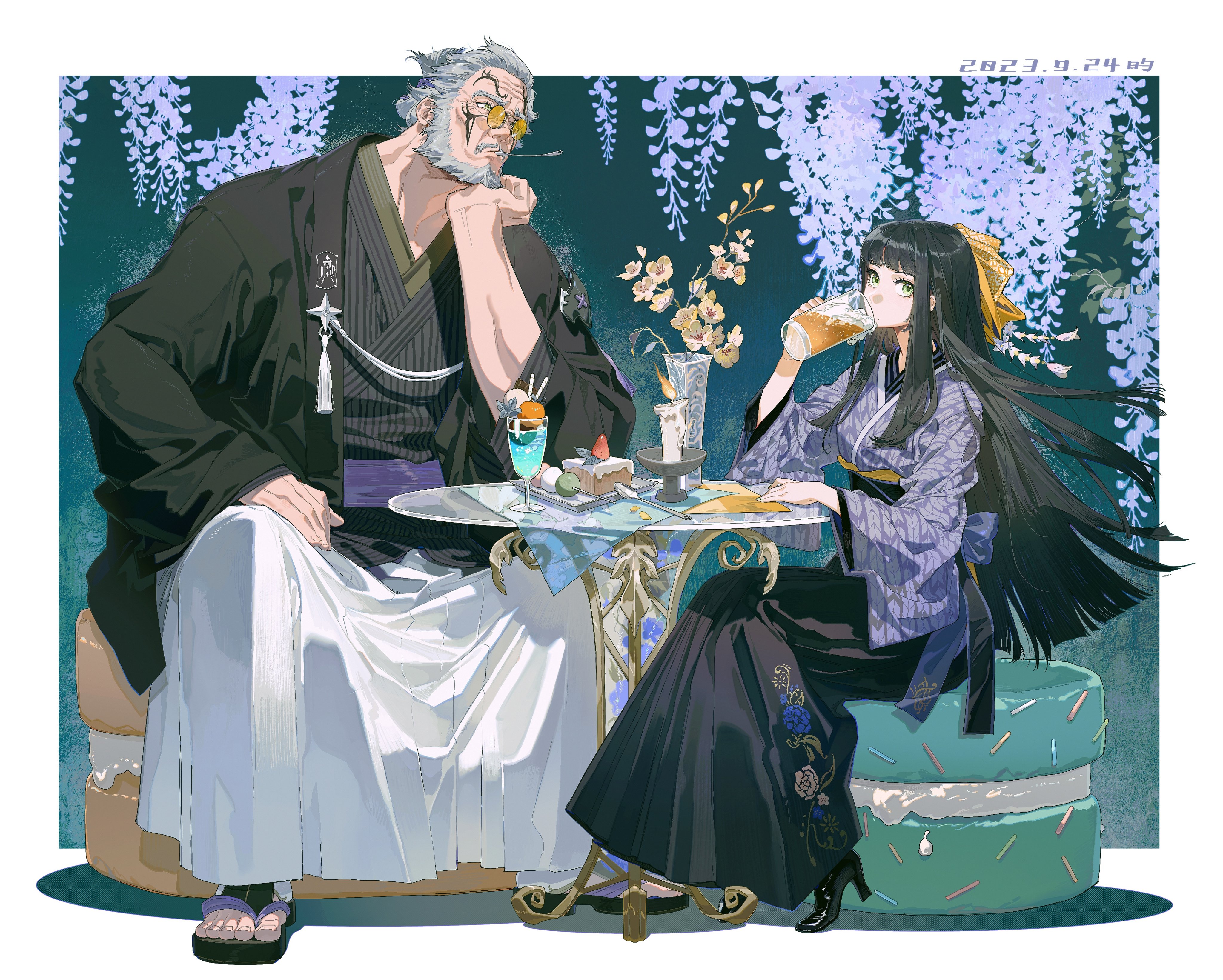 an animestyle illustration of a young man and woman sitting at a table in a garden. the man is wearing a black kimono and a white and black striped shirt, with his hair in a gray ponytail. the woman is wearing a light blue kimono with a purple obi and a black skirt. she has dark purple hair and is holding a glass of beer. there are flowers and vines in the background.  both are smiling and enjoying their drinks and desserts.