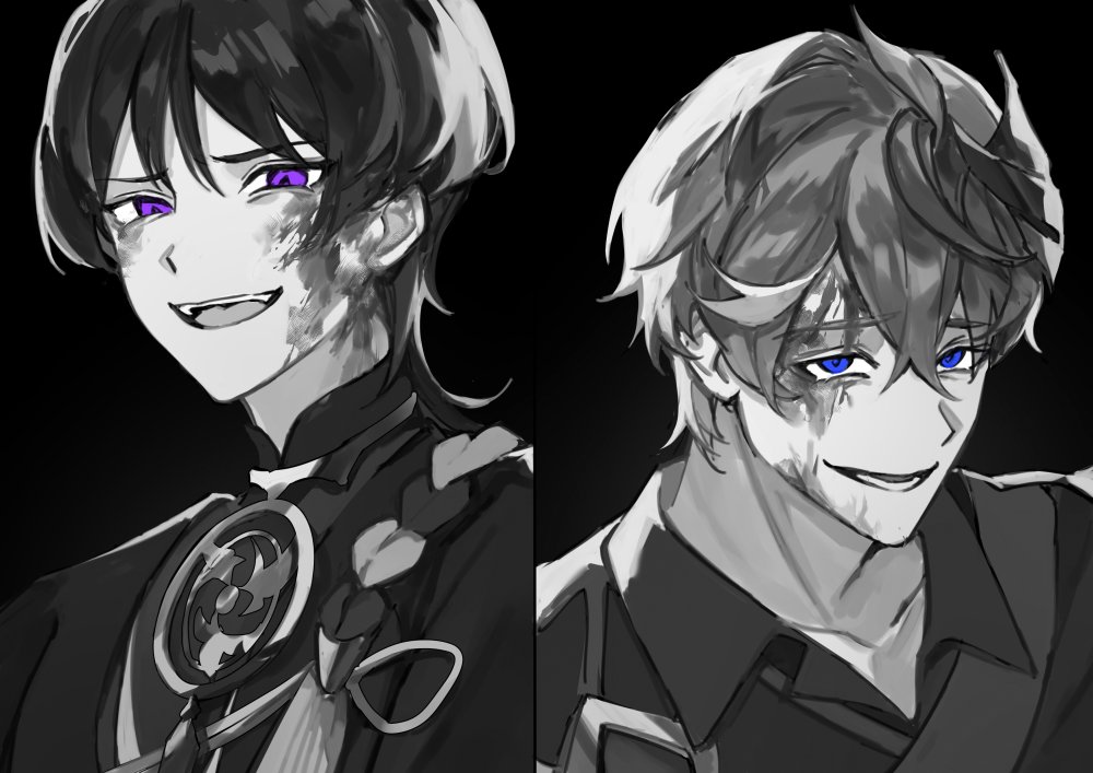 this is a digital illustration of two anime boys with contrasting eye colors. the boy on the left has purple eyes and the boy on the right has blue eyes. both boys have a creepy smile and their faces have scars and wounds.  the image is in black and white.