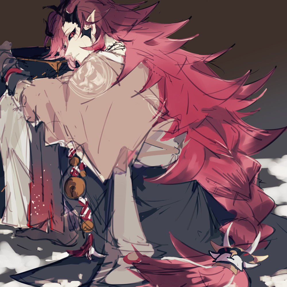 this image is an anime drawing of a redhaired character with horns sitting on the ground. they have on a traditional japanese kimono with red and white designs. there is a mythical bird with a red and white color scheme  sitting in the foreground of the image. the background is blurred and looks brown.  the image is very detailed and colorful and gives off a fantasy feel.