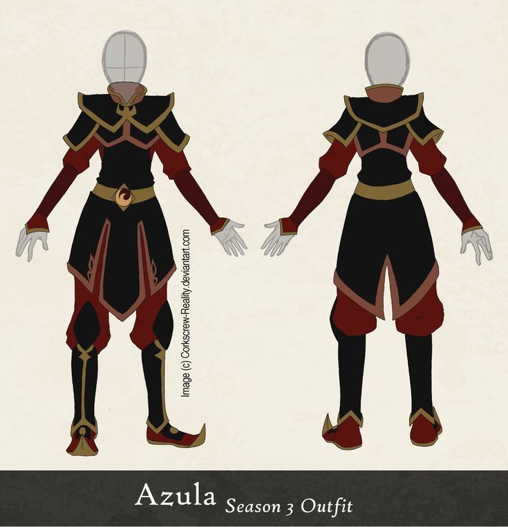 a drawing of azula from avatar: the last airbender in her season 3 outfit. the drawing shows her from the front and back, and her outfit includes a black and red tunic with a gold belt, black pants, and red and gold shoes. the image is in a simple art style, with clean lines and minimal details. the caption "azula season 3 outfit" is written below the image.