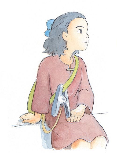 a drawing of a girl in a pink dress sitting, looking to the side with a hopeful expression. she has a green bag on her back, with a clothespin on the strap.