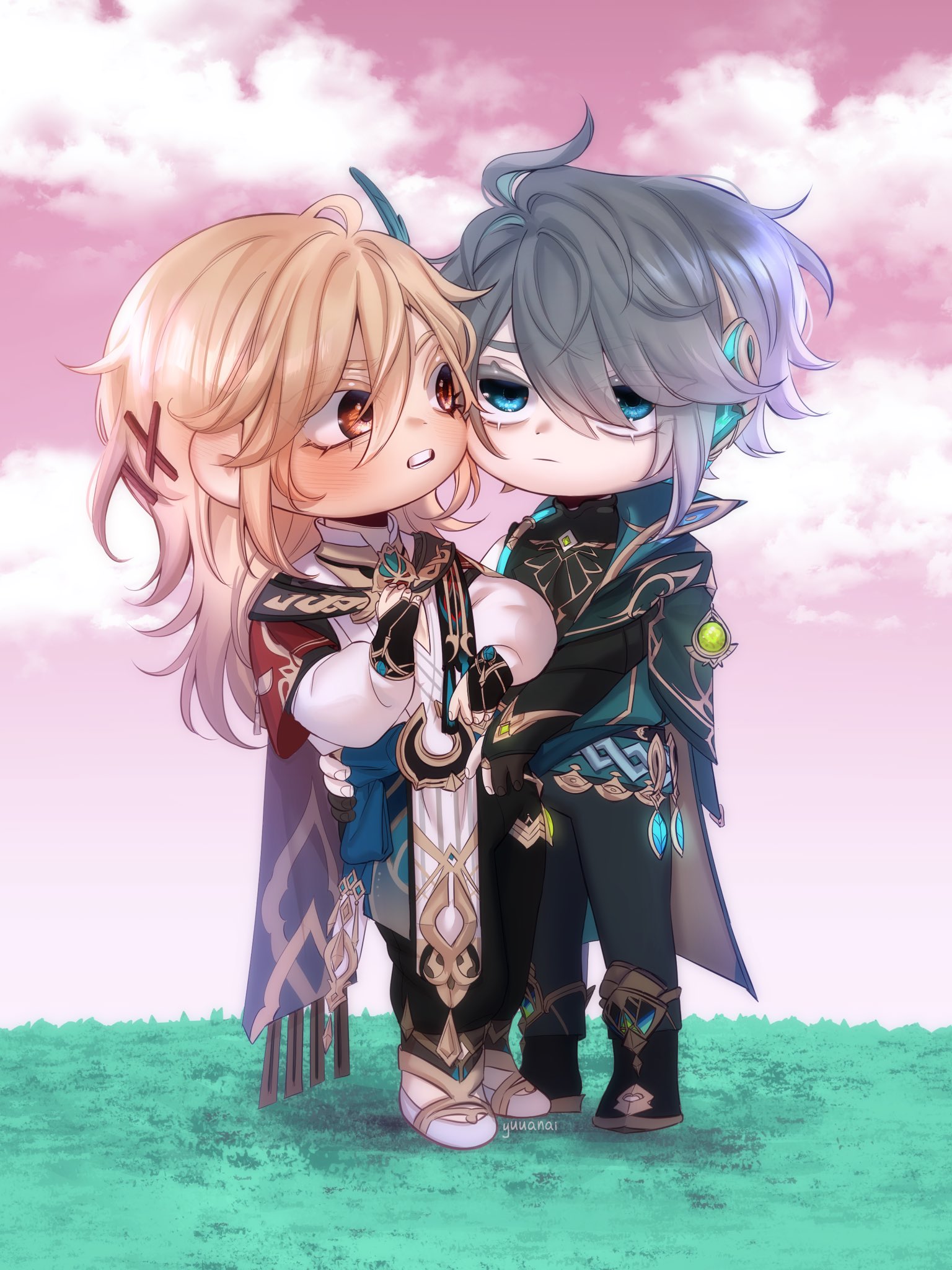 this is a digital illustration of two anime boys.  they are drawn in the chibi style which makes them look small and cute. the boy on the left is wearing a long blue and gold outfit with a red jacket and holding a sword. the boy on the right is wearing a blue and black outfit and is holding the boy on the left's arm.  they are both smiling and appear to be happy. the background is a light pink with clouds and a green patch of grass.