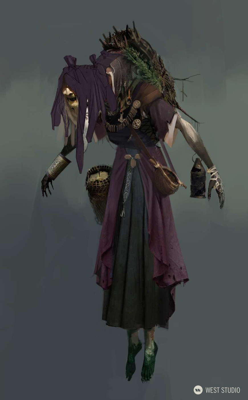 the image shows a digital painting of a creature concept art, possibly a witch or hag, against a neutral greygreen background. the figure is floating slightly above the ground, with bare feet that fade into a greenish mist. they wear a long, layered dress in dark purple and brown tones, adorned with trinkets and bones. a thick belt with various pouches and a knife hangs at their waist. they carry a woven basket in one hand and a lantern in the other. their face is hidden beneath a dark purple veil, and a crown of twisted branches and leaves sits upon their head. the overall aesthetic is dark, mysterious, and slightly unsettling.