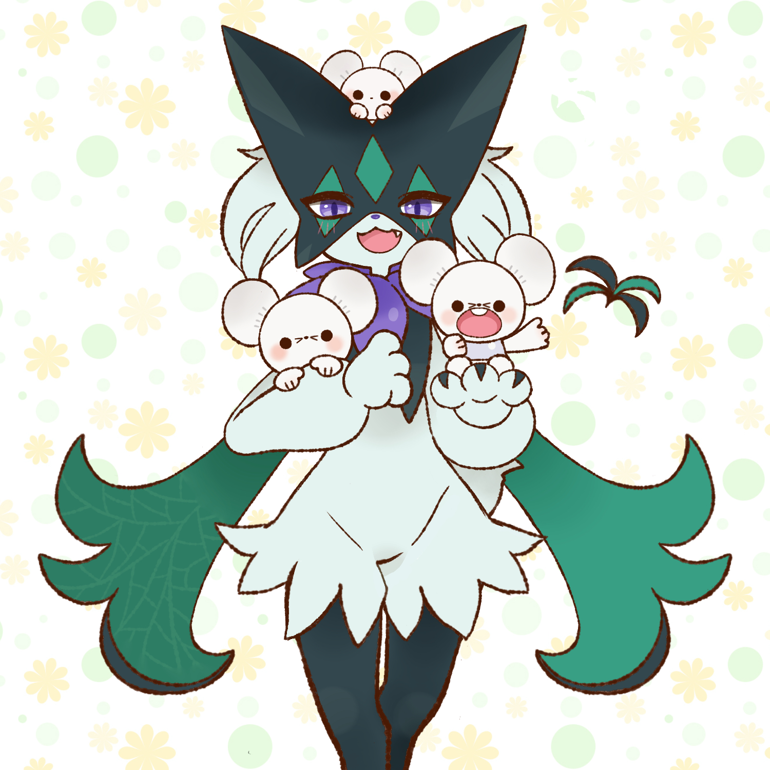 the image is a digital drawing of an animestyle character.  the character appears to be a female with large, pointed teal ears and a dark mask over her eyes. she is wearing a light teal dress and has three small, white mouselike creatures held close to her.  the background is a light, pastel pattern of yellow flowers. the overall style is cute and whimsical.