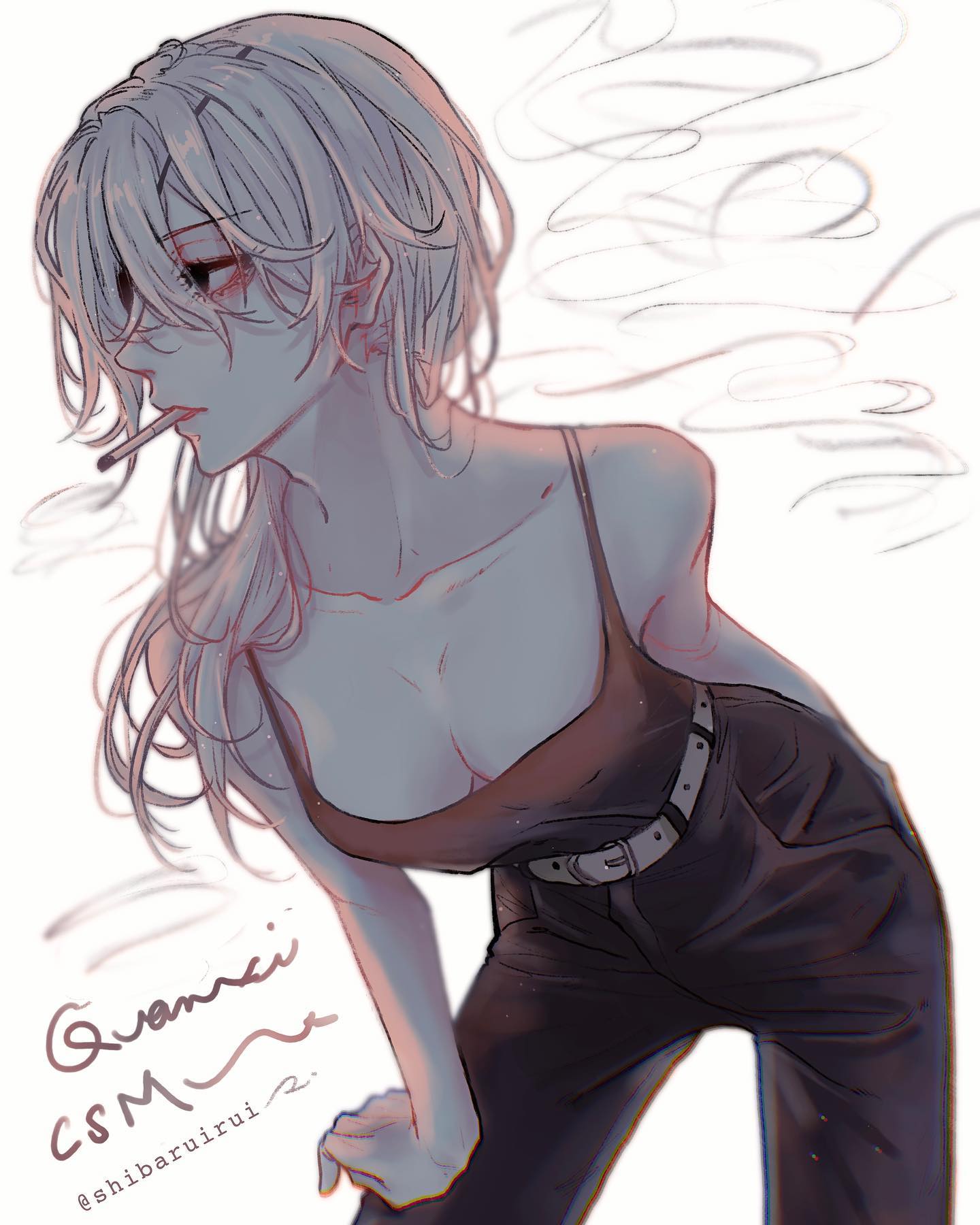 the image is a digital illustration of a stylish animestyle young woman with long, light grey hair.  she's wearing a darkcolored tank top and loosefitting pants with a belt. she appears to be smoking a cigarette, and her expression is somewhat melancholic or pensive. the overall mood is atmospheric, with soft shading and subtle smoke effects around her. the artist's signature or watermark is visible in the bottom left corner. the style is contemporary and leans towards a slightly edgy aesthetic.