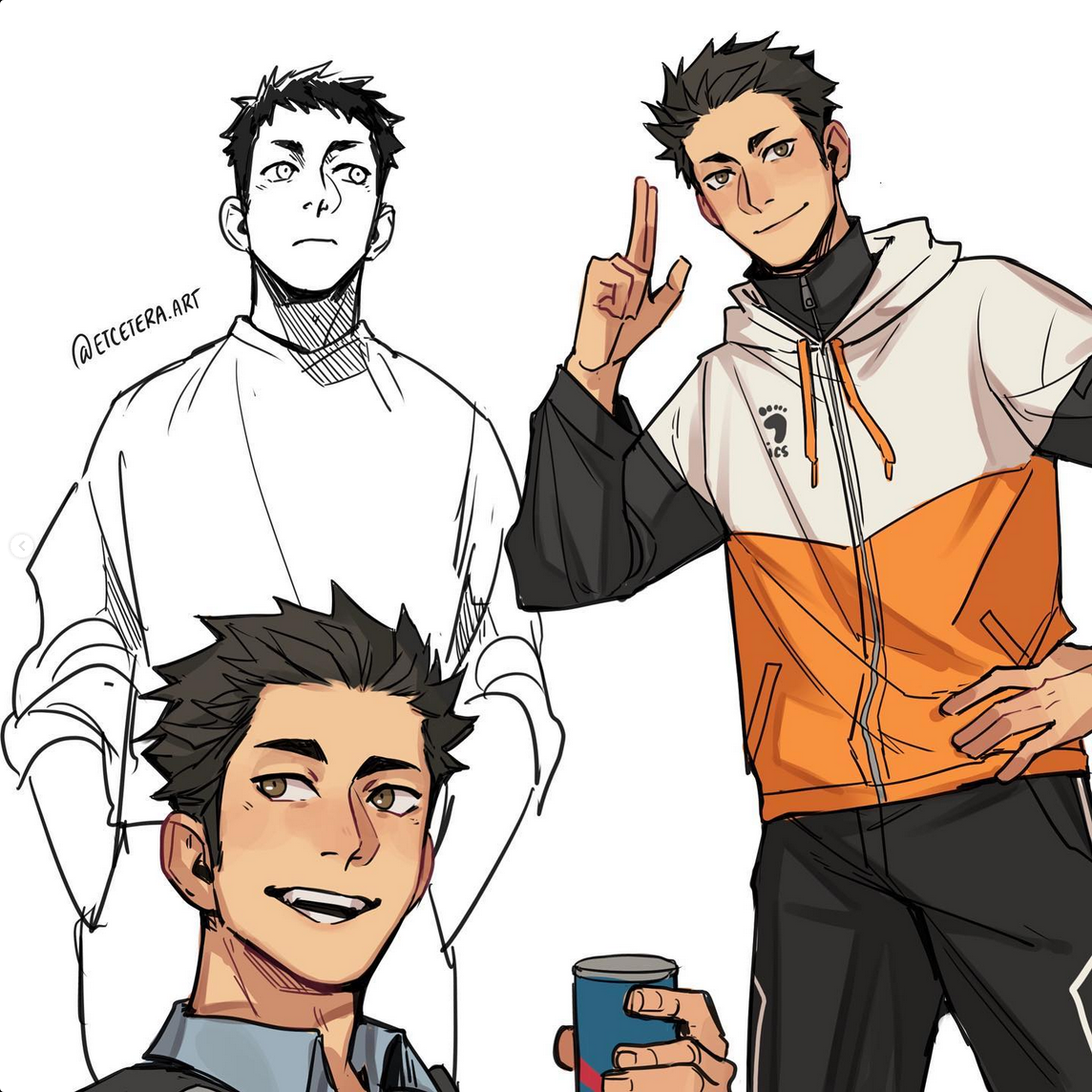 a digital illustration of a young man with short dark hair, drawn in threequarter and bust views. the artist's style is reminiscent of anime and manga, with clean lines and expressive features. the character is presented in multiple poses and outfits, showcasing his personality through gesture and clothing choice. in one image, he sports a casual outfit with a hooded jacket, while in another, he's depicted in simpler attire. the color palette is primarily neutral, with accents of orange in the jacket.