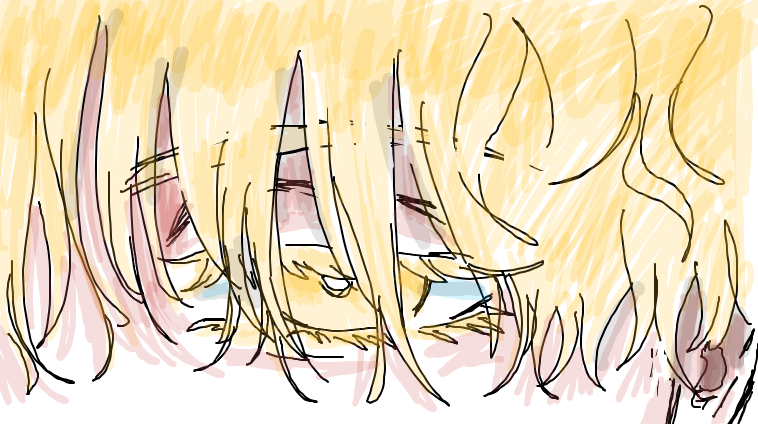 a closeup, sketchy digital drawing of a character's face, partially obscured by long, blonde hair. the hair is drawn with loose, expressive strokes, creating a sense of movement and texture. the character's eyes are partially visible, suggesting sadness or worry. the overall style is reminiscent of anime or manga, with a slightly messy, expressive feel. the color palette is soft and pastel, with yellows and pinks dominating.