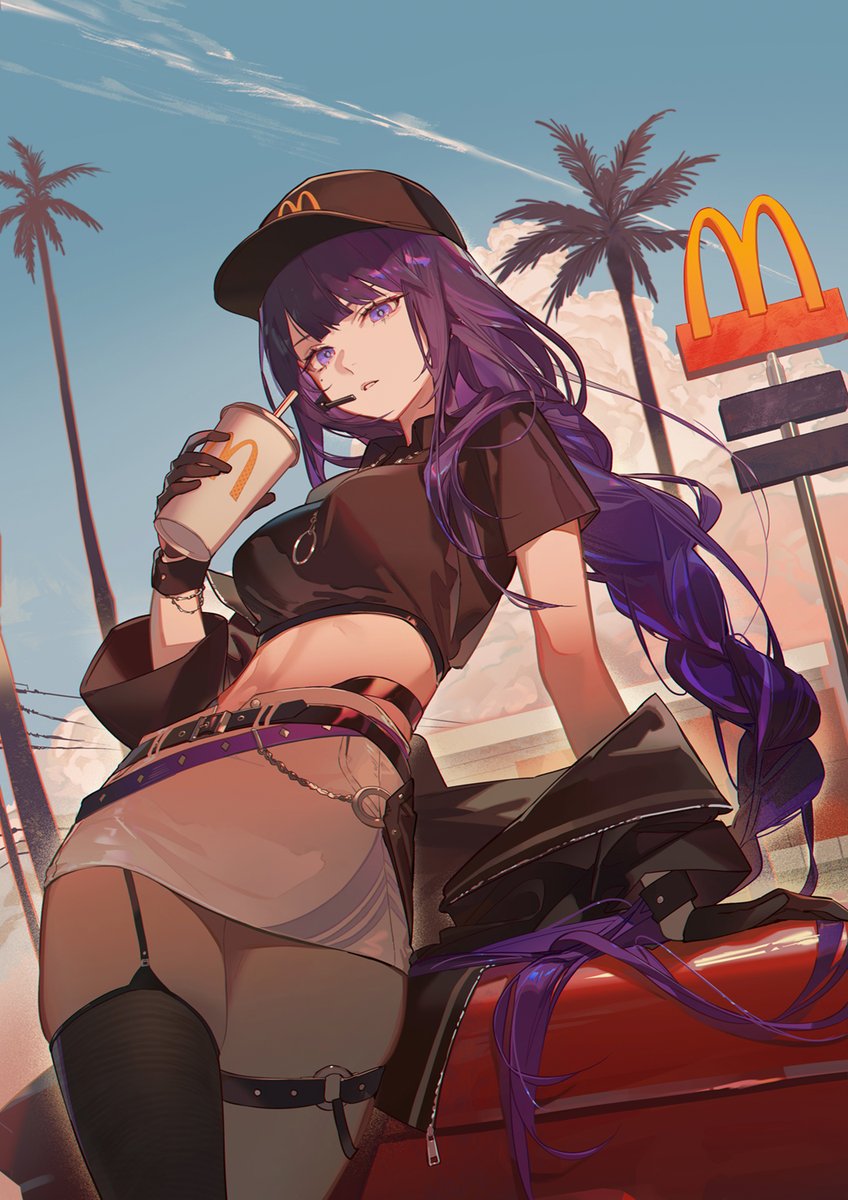 a stylized anime girl with long purple hair, wearing a mcdonald's branded baseball cap, a cropped black shirt, a white mini skirt with a garter belt and thigh high stockings, is leaning against a red car while drinking from a cup. a mcdonald's sign and palm trees are in the background.