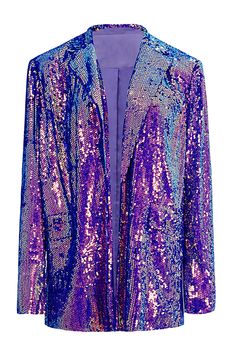 a women's purple sequin blazer jacket with long sleeves. it is a fashionable piece of clothing that can be dressed up or down.