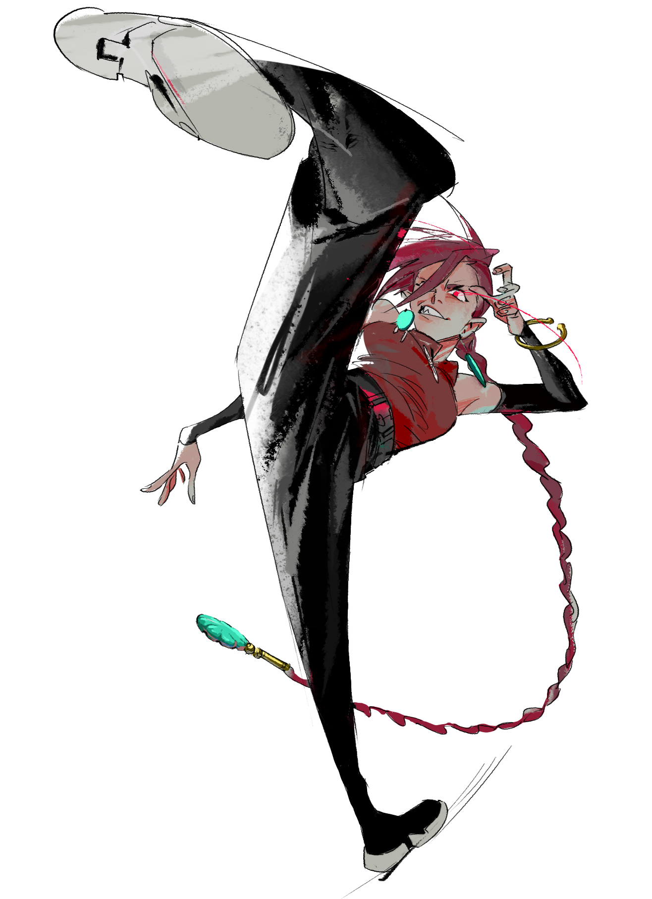 a fierce female character with vibrant pink hair and red eyes executes a high kick, her body angled dramatically against a pure white background. her attire is a mix of black and red with hints of turquoise from her accessories. the art style is expressive and dynamic, with bold black lines and splashes of color.