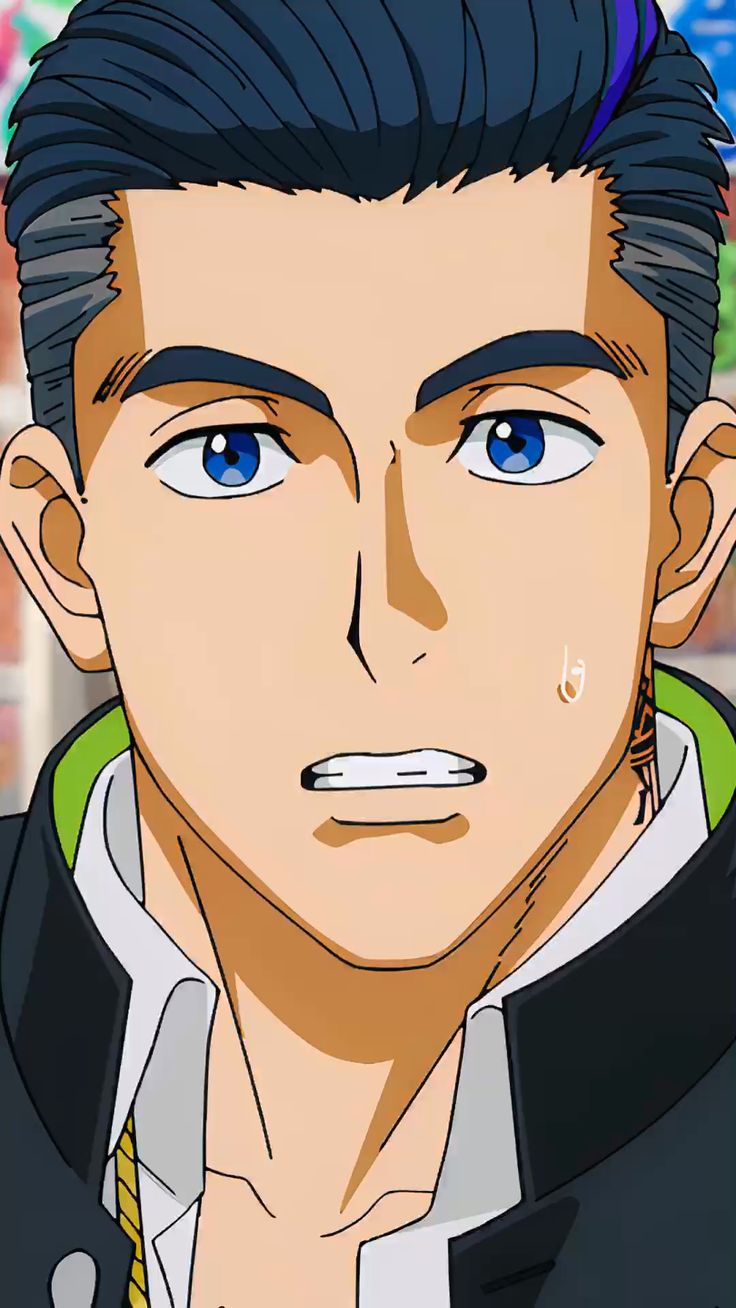 this is a closeup portrait of a male anime character. he has black hair with a purple streak, blue eyes, and a serious expression. he is wearing a black jacket with a white collar and a green trim. he is also wearing a gold chain around his neck.
