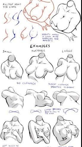 he image is a drawing tutorial showing how to draw different sizes and shapes of female breasts.  it includes various examples illustrating different levels of cleavage and breast sizes (small, average, large), as well as variations in breast shape and how they appear with and without significant cleavage.  the tutorial emphasizes the importance of varying lines and shapes for a more realistic and appealing depiction.  various poses are shown including hands near or holding the breasts.  the style of the drawings is somewhat simplified and not photorealistic.