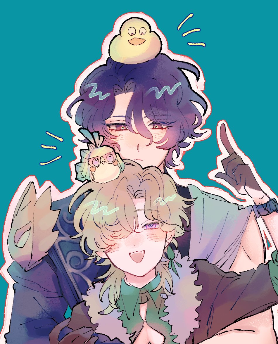 the image is a digital fanart depicting a closeup of two animestyle boys affectionately embracing. the boy on the top has purple hair and is slightly taller, while the other one has blond hair.  they are both wearing clothes that suggest a fantasy or magical setting.  a small yellow ducklike creature sits on the head of the purplehaired boy, and a small birdlike creature is perched on the blond boy’s head. the style is soft, pastel, and utilizes a chibilike proportion to add to the cuteness factor.  the overall mood is gentle, sweet, and suggestive of a close relationship, possibly romantic. the background is a simple teal.