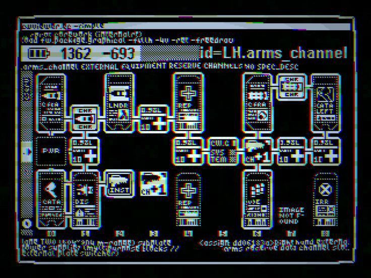 the image shows a closeup of a computer screen displaying a complex user interface. the screen appears to be running some kind of software or program, possibly for engineering or technical purposes, given the use of diagrams and schematics. the interface is filled with text, symbols, and graphical representations of data channels, equipment, and systems. the overall aesthetic and the slightly distorted text suggest that this is an older computer system or a simulation of one. the interface includes labels like "external equipment reserve channels" and "lh.arms_channel," giving context to its function.