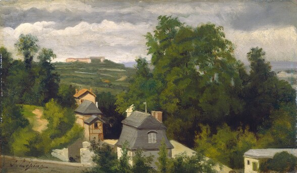 the image is a painting of a landscape with houses, trees, and a hill in the background. the sky is cloudy and overcast. several houses are nestled among the trees in the foreground, and a larger building sits atop a hill in the distance. the painting style appears to be impressionistic.