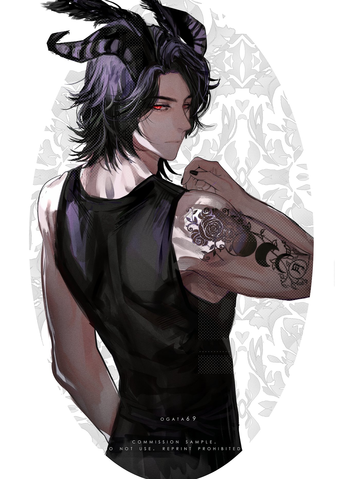 this is a digital illustration of a young handsome demon man. he has a black sleeveless shirt with a lot of tattoos on his arms. he has dark purple hair and horns. there are grey floral patterns in the background.
