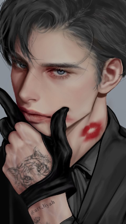 the image is a digital drawing or painting of a young, handsome animestyle man. he has dark hair styled neatly, light skin, and striking blue eyes. he is wearing a dark suit and black gloves. a tiger tattoo is visible on his hand, and a red kiss mark is on his neck. his expression is serious and somewhat mysterious. the overall style is elegant and dark. the artist's signature, "@art_liyah," is subtly visible on his wrist.