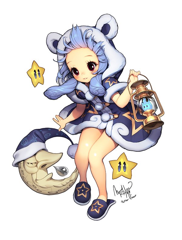 this is a digital art illustration of a cute, chibi anime girl with big eyes and blue hair wearing cozy pajamas and slippers. she's holding a lantern with a glowing blue flame inside. she's surrounded by stars and a crescent moon with a sleeping face. the illustration is filled with magical and cozy vibes and depicts a charming, enchanting scene.