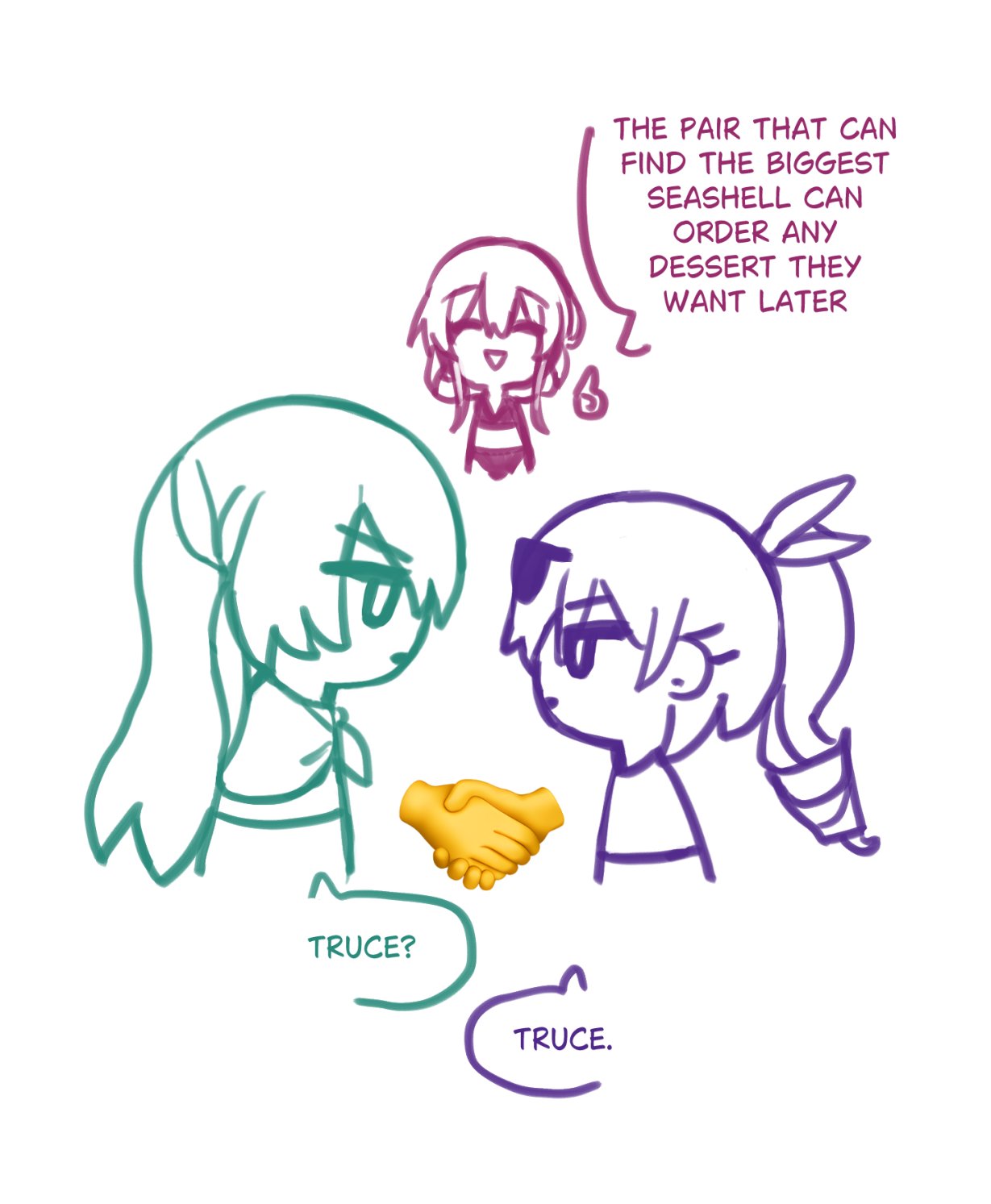 the image shows two cartoon characters, one green and one purple, who have agreed to a truce.  they are shaking hands and there is a speech bubble above the purple character that says "the pair that can find the biggest seashell can order any dessert they want later." they are both smiling and appear happy to be friends again.